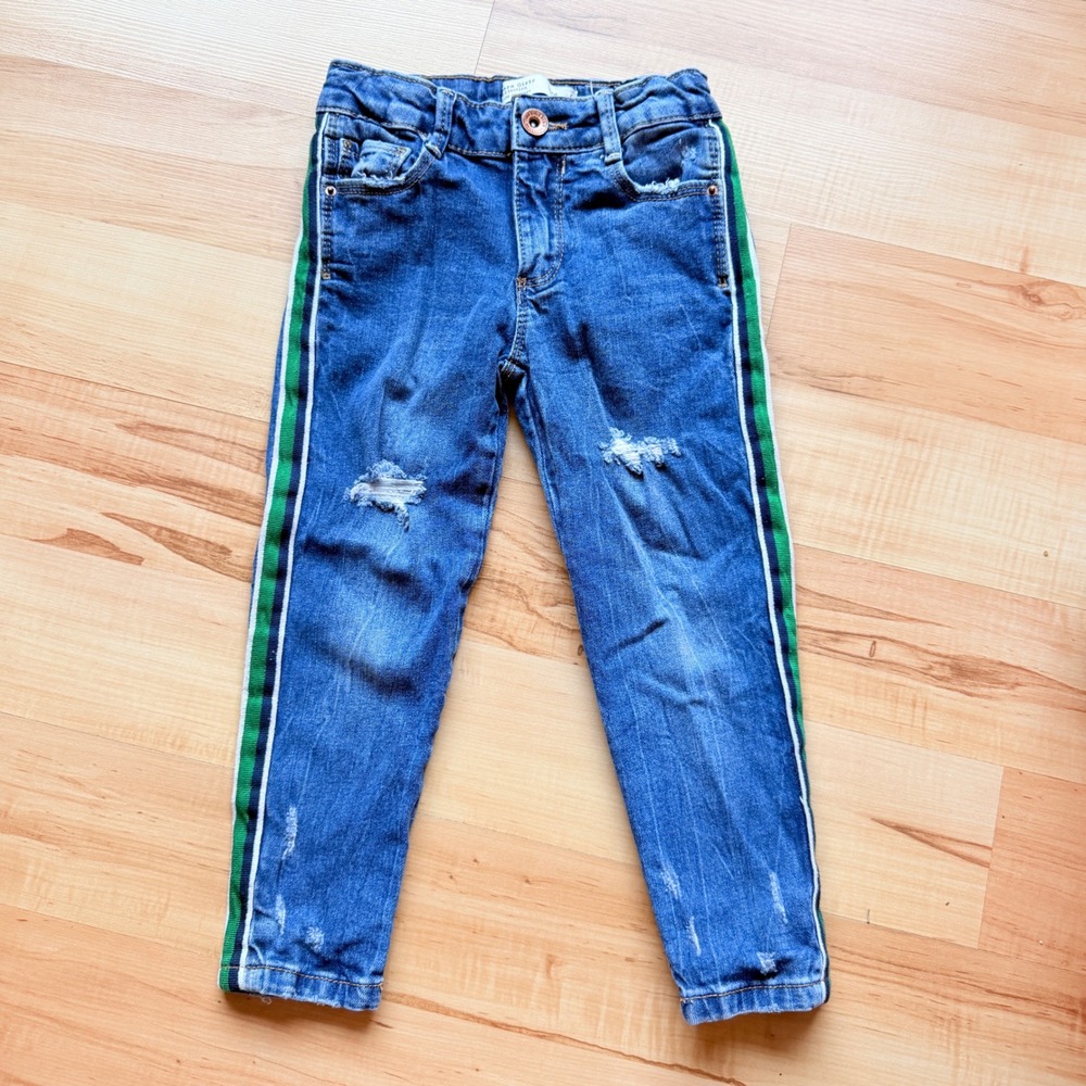 Zara Girls Skinny Distressed Jeans Side Stripe Denim Size 5 Blue Green Street